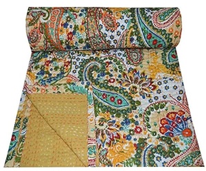 Indian Handmade Kantha <b>Quilt</b> Patchwork Bohemian Style 100% Cotton Bedspread <b>Throw</b> Blanket Queen Twin Size - Product Image 1