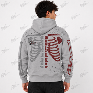 SALSTAR Men's Gray Hooded Zip-Up Sweatshirt <b>Skeleton</b> Print Fleece Casual Winter Streetwear - Product Image 2