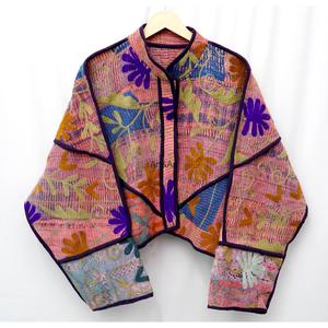 ART&ART Kantha Vintage Handmade Eco-Friendly Reversible Open Stitch Free Size Cotton Women's <b>Cardigan</b> <b>Coat</b> Blazer Indian Jacket - Product Image 2