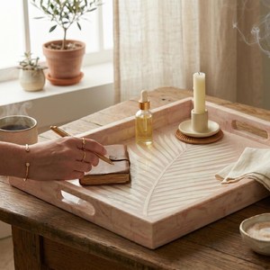 <b>Pink</b> Marble Bone Inlay Serving Tray Handmade Floral <b>Decorative</b> Platter Coffee Table Display for Restaurant Residential - Product Image 2