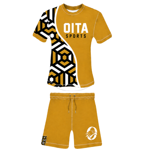 ชุดเสื้อเจอร์ซีย์รักบี้สีเหลืองมัสตาร์ด ดำ ขาว ลายเรขาคณิต พร้อมกางเกงขาสั้น แขนสั้น คอกลม ระบายอากาศได้ดี สำหรับฝึกซ้อมและแข่งขัน ทีมกีฬา  แบบสั่งทำได้ - Product Image 1