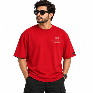 Khawaja Rafique Ullah Enterprises <b>Red</b> <b>Long</b> Oversized 100% Cotton <b>Men's</b> Casual Short <b>Sleeve</b> O-Neck T-<b>Shirt</b> Front Logo - Product Image 2