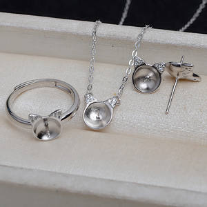 S925 Silver <b>Cat</b> Chain Pendant Earnail <b>Ring</b> Set 8-9 Pearl Drop Women's Fetal Hair Accessories Empty Jewelry Findings Components - Product Image 2