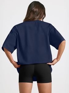 T-shirt ample en jersey 100 % coton bleu marine uni à col rond et manches courtes pour femme – Respirant et décontracté, idéal toutes saisons - Product Image 4