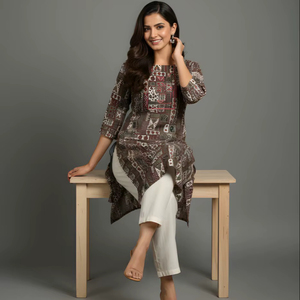 Womens Brown Printed Cotton Straight Kurti with Round Neck and <b>Three</b> Quarter Sleeves for Regular Daily Wear Office Wear Ethnic - Product Image 1