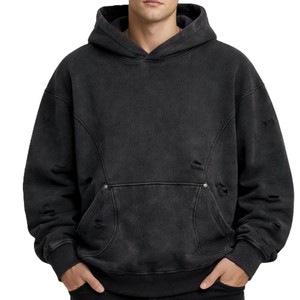 Sudadera con Capucha para Hombre, Corte Regular, Estilo Desgastado, 100% Algodón, Forro Polar, Color Negro Sólido, Transpirable, Secado Rápido, Ropa Casual Urbana - Product Image 1