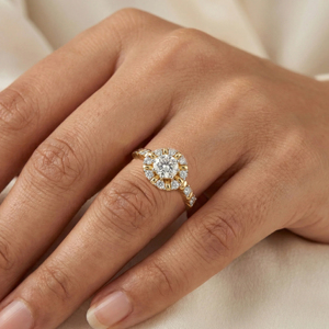 Women's Yellow Gold Diamond Engagement <b>Ring</b> Round Brilliant Cut Flower Design Classic Style - Product Image 4