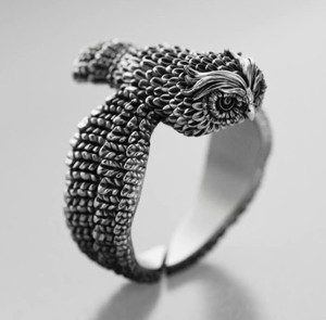 Luxury 925 Sterling <b>Silver</b> Owl <b>Ring</b> Detailed Feather Texture Antique Wide Band <b>Men</b> Women Statement Jewelry - Product Image 1