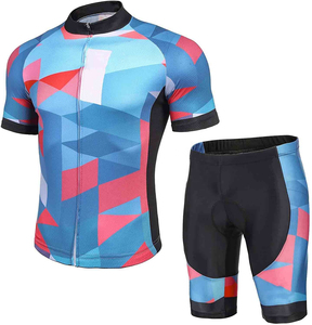 ชุดเสื้อจักรยานแขนสั้นพร้อมกางเกงขาสั้นแบบมีสายรัดเอว ลายเรขาคณิต สีฟ้าชมพู สำหรับทีมปั่นจักรยาน - Product Image 1