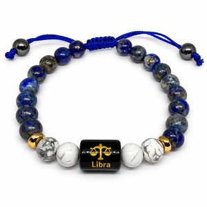 Pulsera de Grado Premium del Zodiaco Libra, Cuentas de Lapislázuli Azul de 8mm y Mármol Blanco con Dije de Piedra Negra, Joyería Hecha a Mano con Grabado Láser - Product Image 2