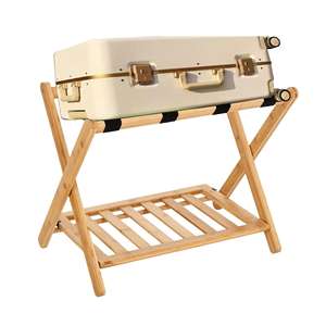 Soporte Plegable de Bambú para Maletas con Estante, Soporte de Dos Niveles para Maletas con Correas de Nailon, No Requiere Ensamblaje, para Dormitorio u Hotel - Product Image 1