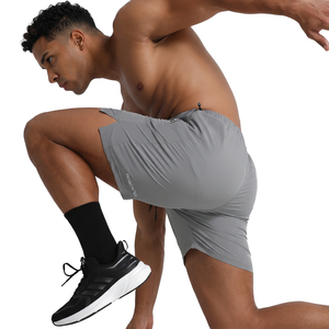 Men's Quick Dry High Waist Fitness <b>Shorts</b> Solid Gray With Side <b>Pockets</b> Elastic Waist Summer Wear - Product Image 3