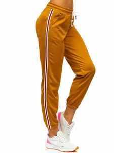 Pantalones cargo planos tejidos de invierno para mujer, de forro polar color mostaza, bordados, de cintura alta, con cremallera, de color liso, de corte regular, informales - Product Image 3