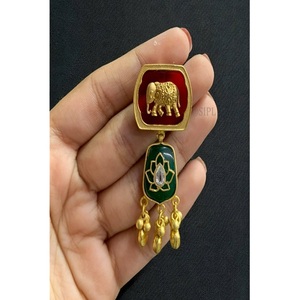 Beautiful Premium Gold Plated Alloy Pendant <b>Earrings</b> With <b>Red</b> Enamel Elephant And Green Lotus Design For Women Ethnic Jewelry - Product Image 1