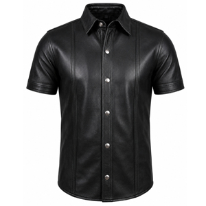 Men’s Genuine Cowhide Leather <b>Shirt</b> <b>Black</b> Short Sleeve <b>Button</b> <b>Up</b> Classic Casual Style with Point Collar Metal Snap Closure and P - Product Image 1