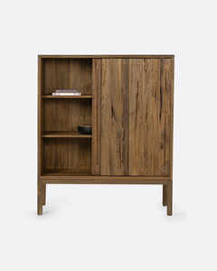 Armoire de rangement en teck massif minimaliste moderne, finition rustique naturelle, porte coulissante, écologique, durable, pour salon - Product Image 1