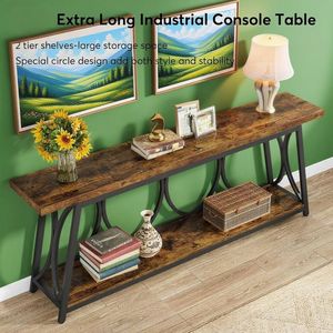 Table de canapé industrielle extra longue avec étagère de rangement à 2 niveaux derrière le canapé - Product Image 2
