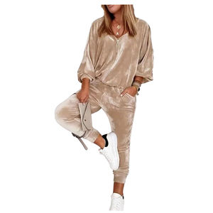 Ensemble de survêtement pour femme entièrement personnalisé, respirant, en velours, avec fermeture éclair, sweat-shirt long et pantalon de jogging, pour l'hiver, ensemble deux pièces décontracté - Product Image 1