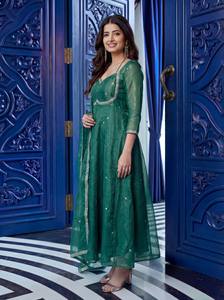 RICH LOOK FENDY Kurta Kurti de seda chinon pesada con bordado y lentejuelas, para fiestas festivas, Diwali, precio al por mayor, Rama, Mujer - Product Image 3