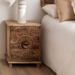 Solid Mango Wood Carved Nightstand Two Drawer <b>End</b> <b>Table</b> Bedroom Cabinet Floral Accent <b>Storage</b> - Product Image 2