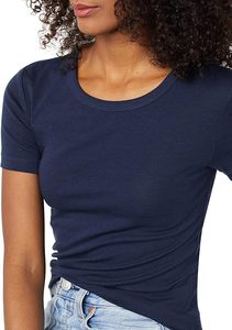 T-shirt décontracté pour femme, bleu marine, col en V, manches courtes, coupe classique, 100 % coton toile respirant, couleur unie compressée - Product Image 3