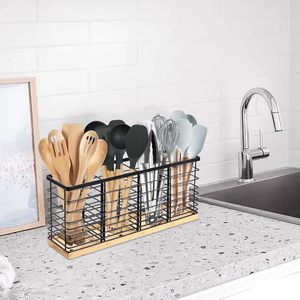 Porte-ustensiles de cuisine à 4 compartiments, organisateur de couverts en bois, support de rangement de comptoir, porte-argenterie rustique pour la maison - Product Image 6