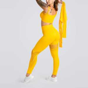 Conjunto de Yoga para Mujer, Color Sólido, Cuello Redondo, Top Corto, Leggings de Cintura Alta, 2 Piezas, Sin Costuras, Spandex/Nailon, Transpirable - Product Image 3