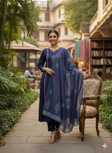 Conjunto de Kurti Azul Marino de Algodón Puro con Estampado a Mano, Dupatta de Algodón Mul y Adornos de Espejo - Product Image 3