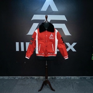 Veste universitaire unisexe rouge et blanche avec col en fausse fourrure, boutons sur le devant, coupe-vent, hiver, décontractée, en toile de coton épaisse - Product Image 1