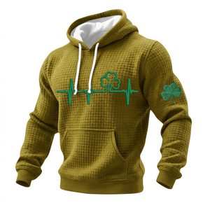 เสื้อฮู้ดวาฟเฟิลสีชมพูสำหรับผู้ชาย พร้อมลายปัก ECG รูปใบโคลเวอร์สีเขียวด้านหน้าและแขนเสื้อ สวมใส่สบายๆ ในฤดูใบไม้ผลิ - Product Image 4