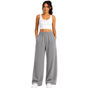 Custom Grey Wide Leg Sweatpants <b>Women</b> Elastic Waist Loose Fit Cotton Fleece <b>Trousers</b> Oversized <b>Lounge</b> Pants Casual Streetwear - Product Image 1