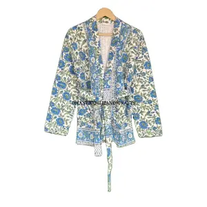 Vente en gros Kimono floral indien en coton, veste courte de style bohème, manteau d'hiver imprimé bloc de main, blouson d'aviateur, grande taille en tissu