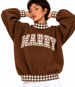 Custom <b>Women</b>’s merry <b>Christmas</b> Oversized Mockneck <b>Sweatshirt</b> Gingham Patchwork Sleeves Letter Applique Embroidered - Product Image 4