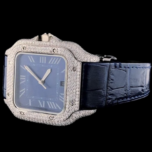 Reloj de Pulsera para Hombre con Caja Cuadrada de Moissanita de Primera Calidad, Correa de Cuero Azul, Elegante y Moderno para Fiestas - Product Image 2