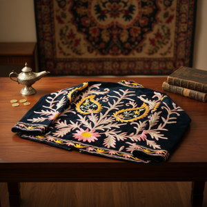 Blouson Bomber en Velours Noir avec Broderie Florale Moutarde Rose et Blanche, Col Montant, Doublure en Coton, Vêtement Décontracté pour Femme - Product Image 4