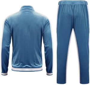 Premium Men's Velour Tracksuit Set: Classic Slate Blue Two-Piece <b>Athletic</b> Sweatsuit with Contrast Side Stripes - Product Image 2