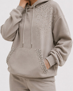 Sweat-shirt à capuche pour femme, gris, à paillettes, pull en coton tricoté, manches régulières, style décontracté d'automne - Product Image 3