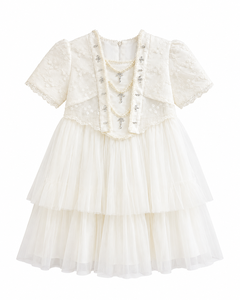 Vestido Formal de Niña con Mangas Abullonadas, Encaje Blanco Bordado, Perlas y Cuello en V, Estilo Mini para Primavera - Product Image 1