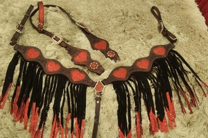 Custom Red Bling Hearts Leather Western Horse Safety Saddles Headstall & Breast Collar Hand <b>Tooled</b> Leather Design Horse Riding - Product Image 3