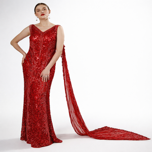 Luxury Modern Designer Women's Short Gown | Hand-Embroidered Black Beads Halter Neckline Floor-Length | Wedding Party Red Dress - Product Image 1