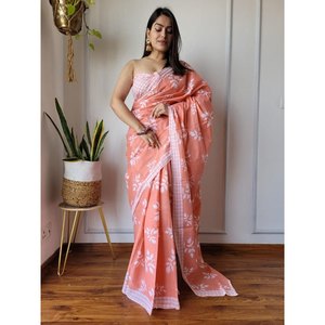 Attractive Linen Digital Print Work Saree with Unstitched Boluse - Product Image 1