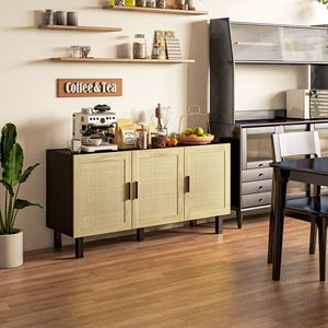Credenza Boho Nera e Naturale con 3 Ante in Rattan, Ripiani Regolabili, Buffet per Sala da Pranzo - Product Image 2