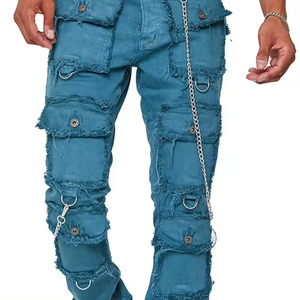Men's Cargo <b>Jeans</b> Denim Pants With Multiple Pockets <b>Chain</b> Detail Distressed Wash Hip Hop Style Spring Cotton Regular Fit - Product Image 2