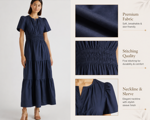 Robe longue élégante bleu marine à manches bouffantes, col en V, superposée, taille élastiquée smockée, en coton tissé décontracté pour l'été - Product Image 3