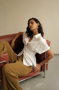 Camisa de Lino Blanca para Mujer, Blusa Ajustada de Manga Corta, Top de Verano con Cuello, Camisa de Lino Casual Personalizada - Product Image 5