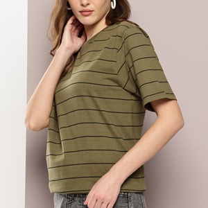 High Quality Knitted Customize women stripe t-shirt Ladies Short Sleeve TShirt Fashion <b>Tops</b> Hip Hop Styles stretch <b>crop</b> tees BD - Product Image 2