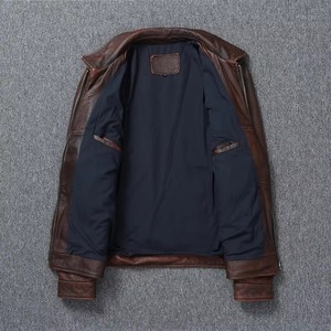 Blouson moto homme en cuir véritable marron imperméable, col rabattable, fermeture éclair, manches classiques, automne-hiver, style motard - Product Image 5