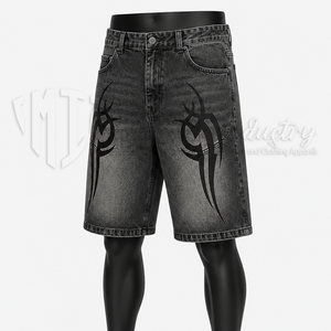 Pantalones Cortos de Mezclilla Personalizados para Hombre, Lavados en Negro, Hasta la Rodilla, Estilo Baggy, con Estampado Gráfico, Casuales, de Verano - Product Image 3