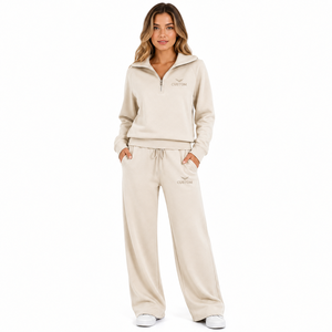 Damen Weites Bein Trainingsanzug Zweiteiliges Set Weicher Sweatshirt Jogginghose Lässige Athleisure-Kleidung OEM Großhandel Maßgeschneiderte Bekleidung - Product Image 1