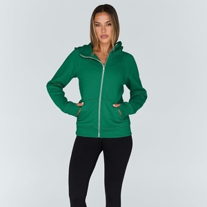 Sudadera con capucha de forro polar para mujer, 100% algodón, verde liso, corte ajustado, con cremallera completa, de alta calidad, parte superior de chándal, venta al por mayor - Product Image 3